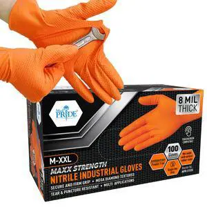 MED PRIDE Maxx Strength Nitrile Industrial 8 Mil Thick 100 Gloves/Large - Diamond Texture Disposable Safety- Heavy-Duty, Tear-Resistant Mechanic Automotive Food Handling Gloves- Orange MED PRIDE Maxx Strength Nitrile Industrial 8 Mil Thick 100 Gloves/Large - Diamond Texture Disposable Safety- Heavy-Duty, Tear-Resistant Mechanic Automotive Food Handling Gloves- Orange