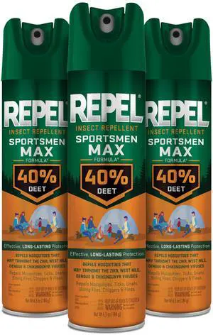 Repel Insect Repellent Sportsmen Max Formula 40% DEET, 6.5 Ounces, Long-Lasting Aerosol Insect Repellent Spray Repels Mosquitoes, Ticks, Gnats, Biting Flies, Chiggers and Fleas, 3 Pack Repel Insect Repellent Sportsmen Max Formula 40% DEET, 6.5 Ounces, Long-Lasting Aerosol Insect Repellent Spray Repels Mosquitoes, Ticks, Gnats, Biting Flies, Chiggers and Fleas, 3 Pack