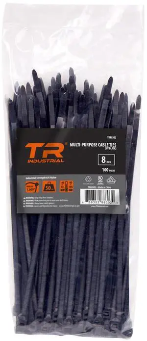 TR Industrial Multi-Purpose UV Resistant Black Cable Ties, 8 inches, 100 Pack TR Industrial Multi-Purpose UV Resistant Black Cable Ties, 8 inches, 100 Pack