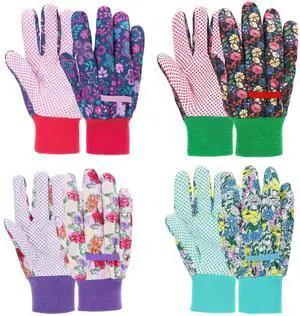 JUMPHIGH 4 Pairs Garden Gloves for Women, Floral with Non-Slip PVC Dots, Ladies Soft Breathable Yard Work Light Working Gloves, Elastic Knit Wrist, Large JUMPHIGH 4 Pairs Garden Gloves for Women, Floral with Non-Slip PVC Dots, Ladies Soft Breathable Yard Work Light Working Gloves, Elastic Knit Wrist, Large