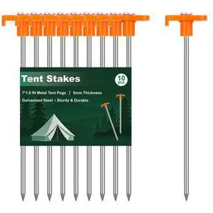 FEED GARDEN Heavy Duty Tent Stakes 7 Inch, 10 Pack Galvanized Steel Camping Pegs, Ground Anchors for Tents, Canopy and Tarp, Rust Resistant Metal Stakes with High Visibility Orange Heads for Outdoor FEED GARDEN Heavy Duty Tent Stakes 7 Inch, 10 Pack Galvanized Steel Camping Pegs, Ground Anchors for Tents, Canopy and Tarp, Rust Resistant Metal Stakes with High Visibility Orange Heads for Outdoor