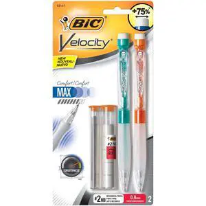 BIC® Velocity Max Mechanical Pencils, Thick Point, 0.9 mm, #2 HB Lead, Assorted Barrel Colors, Pack Of 2 BIC® Velocity Max Mechanical Pencils, Thick Point, 0.9 mm, #2 HB Lead, Assorted Barrel Colors, Pack Of 2