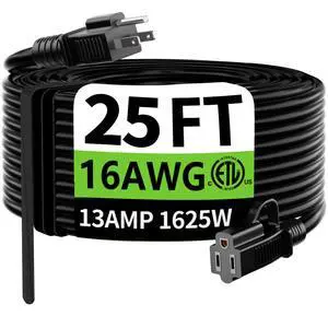 Indoor Outdoor Black Extension Cord 25 ft Waterproof, 16/3 Gauge Flexible Cold-Resistant Appliance Cable Outside, 13A 1625W 16AWG SJTW, 3 Prong Electric Cord Indoor Outdoor Black Extension Cord 25 ft Waterproof, 16/3 Gauge Flexible Cold-Resistant Appliance Cable Outside, 13A 1625W 16AWG SJTW, 3 Prong Electric Cord