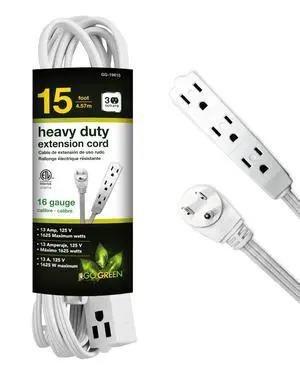 Power By GoGreen Go Green Power Inc. 15ft Extension Cord with 3 Outlets, White - Compact, Flush-Fit Design, Heavy Duty, Grounded Plug - Ideal for Home & Small Appliances - GG-19615 Power By GoGreen Go Green Power Inc. 15ft Extension Cord with 3 Outlets, White - Compact, Flush-Fit Design, Heavy Duty, Grounded Plug - Ideal for Home & Small Appliances - GG-19615