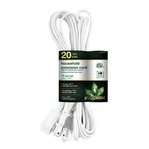 Go Green Power 20ft White Extension Cord, 3 Outlets, 16/2 Gauge, Indoor Use, Child-Safe Covers, UL Listed for Home & Office Electronics Go Green Power 20ft White Extension Cord, 3 Outlets, 16/2 Gauge, Indoor Use, Child-Safe Covers, UL Listed for Home & Office Electronics