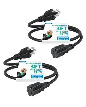 3Ft Outdoor Extension Cord, Short Extension Cord 16 AWG SJTW for Indoor Use, 3 Prong Grounded Outlets Plugs, Small Power Cable for Decor and Lights, Black, ETL Listed, 2 Pack 3Ft Outdoor Extension Cord, Short Extension Cord 16 AWG SJTW for Indoor Use, 3 Prong Grounded Outlets Plugs, Small Power Cable for Decor and Lights, Black, ETL Listed, 2 Pack