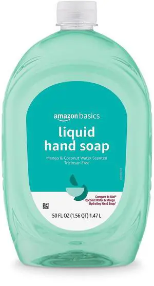 Amazon Basics Liquid Hand Soap Refill, Mango and Coconut Water Scent, Triclosan-Free, Dermatologist Tested, pH Balanced, Paraben-Free, 50 Fl Oz (Pack of 1) (Previously Solimo) Amazon Basics Liquid Hand Soap Refill, Mango and Coconut Water Scent, Triclosan-Free, Dermatologist Tested, pH Balanced, Paraben-Free, 50 Fl Oz (Pack of 1) (Previously Solimo)