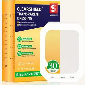Transparent Film Dressing, 4" x 4.75", 30 Pack, Breathable Clear Patch | Waterproof Clear Adhesive Bandage for Skin Protection, Post-Surgical Shower and Tattoo Aftercare Transparent Film Dressing, 4" x 4.75", 30 Pack, Breathable Clear Patch | Waterproof Clear Adhesive Bandage for Skin Protection, Post-Surgical Shower and Tattoo Aftercare
