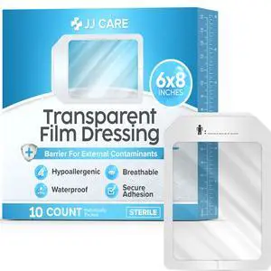 Transparent Film Dressing, 6x8 Waterproof Bandages | Pack of 10 | FSA&HSA | occlusive dressing & wound cover for showering, swimming - tattoo aftercare protection Transparent Film Dressing, 6x8 Waterproof Bandages | Pack of 10 | FSA&HSA | occlusive dressing & wound cover for showering, swimming - tattoo aftercare protection