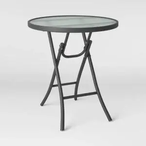 Folding Round Patio Accent Table - Metal Frame with Glass Tabletop, Weather-Resistant, Gray Finish, 19.09"H x 18.11"W x 18.11"D Folding Round Patio Accent Table - Metal Frame with Glass Tabletop, Weather-Resistant, Gray Finish, 19.09"H x 18.11"W x 18.11"D