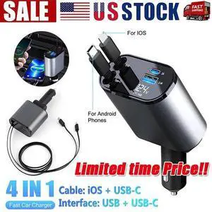 Retractable Car Charger 4 in 1 Fast Car Phone Charger 120W With USB Type C Cable Retractable Car Charger 4 in 1 Fast Car Phone Charger 120W With USB Type C Cable