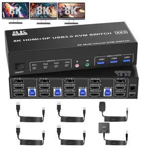 KVM Switch 3 Monitors 4 Computers 8K@60Hz 4K@144Hz, 2 HDMI +1 DisplayPort KVM Switch Triple Monitor for 4 Computer with Audio and 3 USB 3.0 Ports, KVM Triple Monitor Keyboard Mouse Switcher KVM Switch 3 Monitors 4 Computers 8K@60Hz 4K@144Hz, 2 HDMI +1 DisplayPort KVM Switch Triple Monitor for 4 Computer with Audio and 3 USB 3.0 Ports, KVM Triple Monitor Keyboard Mouse Switcher