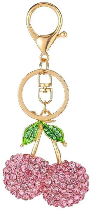 Rhinestone Cherry Keychain - Sparkling Fruit Bag Charm With Leaves Keyring for Purse, Wallet, Handbags, Car Accessories (Pink) Rhinestone Cherry Keychain - Sparkling Fruit Bag Charm With Leaves Keyring for Purse, Wallet, Handbags, Car Accessories (Pink)
