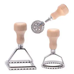 Ravioli Stamp Maker Cutter with Roller Wheel Set, Mold with Wooden Handle and Fluted Edge, Pasta Press Kitchen Attachment (MF-146) Ravioli Stamp Maker Cutter with Roller Wheel Set, Mold with Wooden Handle and Fluted Edge, Pasta Press Kitchen Attachment (MF-146)