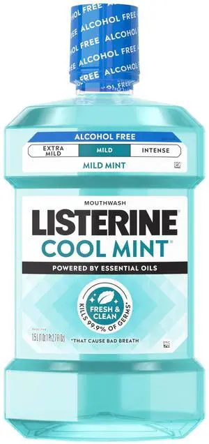 Cool Mint Alcohol-Free Mild Mouthwash, Oral Rinse Kills 99.9% of Germs that Cause Bad Breath, Less Intense Taste, Mild Mint Flavor, 1.5 L Cool Mint Alcohol-Free Mild Mouthwash, Oral Rinse Kills 99.9% of Germs that Cause Bad Breath, Less Intense Taste, Mild Mint Flavor, 1.5 L
