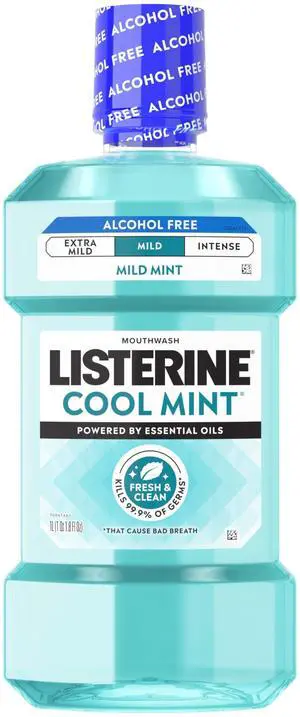 Cool Mint Alcohol-Free Mild Mouthwash, Oral Rinse Kills 99.9% of Germs that Cause Bad Breath, Less Intense Taste, Mild Mint Flavor, 1 L Cool Mint Alcohol-Free Mild Mouthwash, Oral Rinse Kills 99.9% of Germs that Cause Bad Breath, Less Intense Taste, Mild Mint Flavor, 1 L