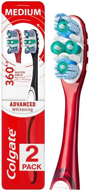 360 Optic White Advanced Whitening Toothbrush, Adult Medium Toothbrush with Whitening Cups, Helps Whiten Teeth and Removes Odor Causing Bacteria, 2 Pack 360 Optic White Advanced Whitening Toothbrush, Adult Medium Toothbrush with Whitening Cups, Helps Whiten Teeth and Removes Odor Causing Bacteria, 2 Pack