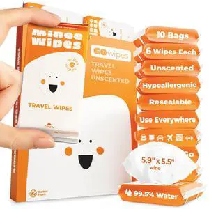 Impossibly Compact Travel Wipes - 99.5% Water - Safe for Sensitive Skin & Hypoallergenic, Resealable, Thick & Durable - For Adults & Kids - Unscented, 10 Pack Total 60 Wipes Impossibly Compact Travel Wipes - 99.5% Water - Safe for Sensitive Skin & Hypoallergenic, Resealable, Thick & Durable - For Adults & Kids - Unscented, 10 Pack Total 60 Wipes