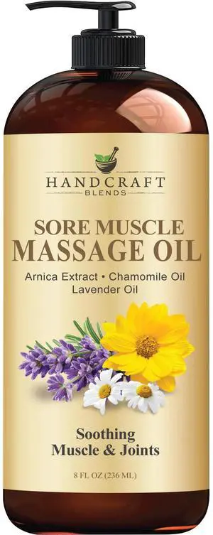 Sore Muscle Massage Oil 8 Fl Oz - Moisturizing Body Oil for Massage Therapy - Made with Arnica Extract, Chamomile, Lavender, Peppermint Oils Sore Muscle Massage Oil 8 Fl Oz - Moisturizing Body Oil for Massage Therapy - Made with Arnica Extract, Chamomile, Lavender, Peppermint Oils