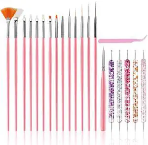 Nail Art Tools Set, Nail Art Kit for Beginners: 15 professional nail brushes for nail art, 5 precision dotting tools, 1 pink curved tweezers, Design Tools for Nail Tech & Beginners Nail Art Tools Set, Nail Art Kit for Beginners: 15 professional nail brushes for nail art, 5 precision dotting tools, 1 pink curved tweezers, Design Tools for Nail Tech & Beginners