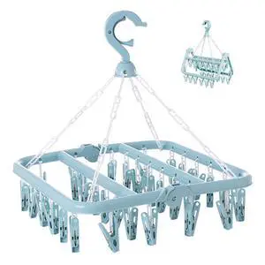 Laundry Drying Rack with 32 Hanger Clips, Foldable Clip Hangers for Drying Socks, Underwear & Towels, Portable Clothes Rack, 360° Rotatable Hook Plastic Baby Hangers (Light Blue) Laundry Drying Rack with 32 Hanger Clips, Foldable Clip Hangers for Drying Socks, Underwear & Towels, Portable Clothes Rack, 360° Rotatable Hook Plastic Baby Hangers (Light Blue)