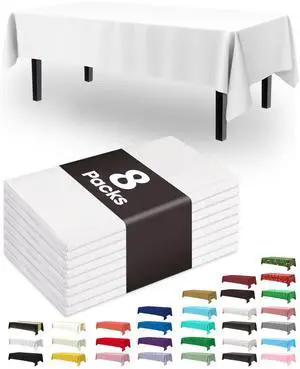 Plastic Table Cloth Disposable 8 Pack, 54 x 108 Inch Table Cloths, Party, Picnic, Wedding, Decorative Tablecloths, Rectangle, White Plastic Cover, Leakproof & Sturdy, White Plastic Table Cloth Disposable 8 Pack, 54 x 108 Inch Table Cloths, Party, Picnic, Wedding, Decorative Tablecloths, Rectangle, White Plastic Cover, Leakproof & Sturdy, White