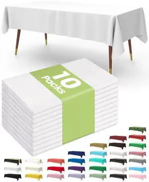 Plastic Table Cloth 10 Pack, 54 x 108 Inch Disposable Table Cloths for Party, Picnic and Wedding, Rectangle, White Plastic Table Cloth 10 Pack, 54 x 108 Inch Disposable Table Cloths for Party, Picnic and Wedding, Rectangle, White