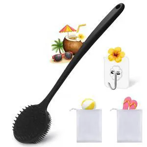 Silicone Body Scrubber for Shower Men Women Dual-Sided Exfoliating & Massage Shower Brush with Long Handle, Creates Rich Lather, Includes 1 Hook & 2 Lather Balls (Black). Silicone Body Scrubber for Shower Men Women Dual-Sided Exfoliating & Massage Shower Brush with Long Handle, Creates Rich Lather, Includes 1 Hook & 2 Lather Balls (Black).