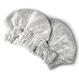 Microfiber Hair Towel Wrap, Soft Absorbent & Quick Drying Cap Set for Curly Thick Hair, Women & Girls - 2 Pcs (Stripe & Gray) Microfiber Hair Towel Wrap, Soft Absorbent & Quick Drying Cap Set for Curly Thick Hair, Women & Girls - 2 Pcs (Stripe & Gray)