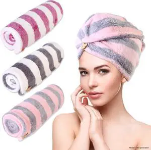 3 Pack Microfiber Hair Towel Wrap for Women, Fast Drying Hair Turban with Button, Anti-Frizz Large Hair Towel for All Hair Styles, Soft & Absorbent Hair Drying Towel 3 Pack Microfiber Hair Towel Wrap for Women, Fast Drying Hair Turban with Button, Anti-Frizz Large Hair Towel for All Hair Styles, Soft & Absorbent Hair Drying Towel