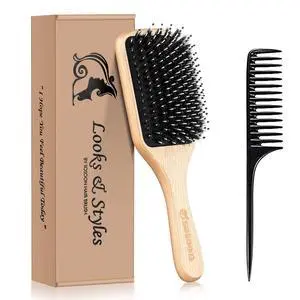 Hair Brush, Boar Bristle Paddle Hairbrush for Long Short Thick Thin Curly Straight Wavy Dry Hair for Men Women Kids, No More Tangle, Giftbox & Tail Comb Included Hair Brush, Boar Bristle Paddle Hairbrush for Long Short Thick Thin Curly Straight Wavy Dry Hair for Men Women Kids, No More Tangle, Giftbox & Tail Comb Included