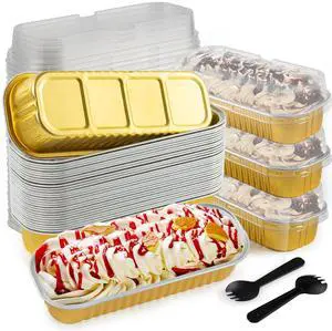 60Pcs Mini Loaf Pans with Lids and Spoons, Aluminum Foil Baking Pans, Rectangle Mini Cake Pan, Brownie Baking Cups for Picnics Party (Gold) 60Pcs Mini Loaf Pans with Lids and Spoons, Aluminum Foil Baking Pans, Rectangle Mini Cake Pan, Brownie Baking Cups for Picnics Party (Gold)