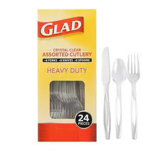 Clear Disposable Cutlery Set with Heavy Duty Plastic Forks, Knives, and Spoons, Reusable Dishwasher Safe Plastic Utensils for Parties and Everyday Use, 24 Count Clear Disposable Cutlery Set with Heavy Duty Plastic Forks, Knives, and Spoons, Reusable Dishwasher Safe Plastic Utensils for Parties and Everyday Use, 24 Count