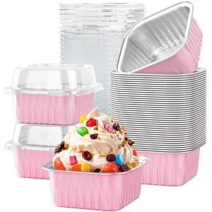 40 Pack 5 OZ Mini Cake Pans with Lids, Disposable Square Aluminum Foil Brownie Baking Cups, Mini Aluminum Foil Cupcake Muffin Tin Ramekins, Flan Molds Cake Containers for Wedding Birthday Party, Pink 40 Pack 5 OZ Mini Cake Pans with Lids, Disposable Square Aluminum Foil Brownie Baking Cups, Mini Aluminum Foil Cupcake Muffin Tin Ramekins, Flan Molds Cake Containers for Wedding Birthday Party, Pink