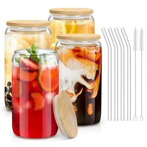4PCS Glass Cups with Bamboo Lids and Straws, 16OZ Ice Coffee Cup, Drinking Cup set with Wooden Lids, Home Essential Glass Tumblers for Beer, Cocktail, Tea and Latte Clear 4PCS Glass Cups with Bamboo Lids and Straws, 16OZ Ice Coffee Cup, Drinking Cup set with Wooden Lids, Home Essential Glass Tumblers for Beer, Cocktail, Tea and Latte Clear