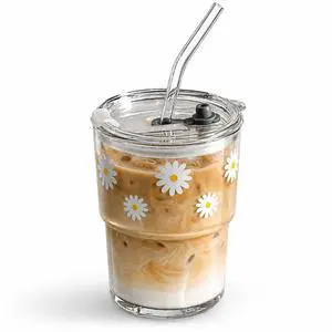 13oz Glass Tumbler with Straw and Lid, Reusable Iced Coffee Cup Tumbler, Cute Glass Cups for Water, Matcha, Travel Coffee Mugs (Daisy) 13oz Glass Tumbler with Straw and Lid, Reusable Iced Coffee Cup Tumbler, Cute Glass Cups for Water, Matcha, Travel Coffee Mugs (Daisy)