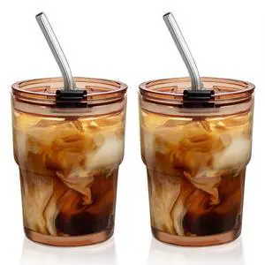 13 Oz Glass Tumblers with Lids and Straws - 2 Pack Amber Glass Coffee Cups with Straws and Lids, Thicken Glass, Ideal for To Go Iced Coffee 13 Oz Glass Tumblers with Lids and Straws - 2 Pack Amber Glass Coffee Cups with Straws and Lids, Thicken Glass, Ideal for To Go Iced Coffee