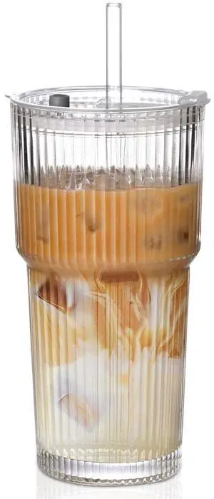 20oz Ribbed Glass Cups with Lids and Straws,1PCS Glass Tumbler with Straw and Lid,Iced Coffee Cups Drinking Glasses for Juice Whiskey Cocktail Beer 20oz Ribbed Glass Cups with Lids and Straws,1PCS Glass Tumbler with Straw and Lid,Iced Coffee Cups Drinking Glasses for Juice Whiskey Cocktail Beer