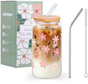 Cute Glass Cups with Lids and Straws, Aesthetic School Supplies 16oz Daisy Flower Iced Coffee Cup Girly Preppy Design Mug Tumbler for Teen Girls Women Bridesmaid Birthday Wedding Gifts Coffee Lover Cute Glass Cups with Lids and Straws, Aesthetic School Supplies 16oz Daisy Flower Iced Coffee Cup Girly Preppy Design Mug Tumbler for Teen Girls Women Bridesmaid Birthday Wedding Gifts Coffee Lover