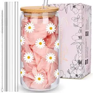 Cute Glass Cups with Lids and Straws, Daisy Flower Iced Coffee Smoothie Matcha Cup Tumbler Christmas Birthday Gifts for Women Sister Friend Her Preppy Teenage Girls Teen Girl Gifts Trendy Stuff Things Cute Glass Cups with Lids and Straws, Daisy Flower Iced Coffee Smoothie Matcha Cup Tumbler Christmas Birthday Gifts for Women Sister Friend Her Preppy Teenage Girls Teen Girl Gifts Trendy Stuff Things
