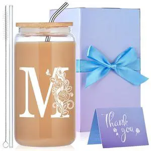 Initial Glass Cups with Lids and Straws, Monogrammed Gifts for Women, 16oz Beer Glass Tumbler, Iced Coffee Mug, Personalized Gift for Graduation. Employee Appreciation Gifts Birthday Gift for Her (M) Initial Glass Cups with Lids and Straws, Monogrammed Gifts for Women, 16oz Beer Glass Tumbler, Iced Coffee Mug, Personalized Gift for Graduation. Employee Appreciation Gifts Birthday Gift for Her (M)