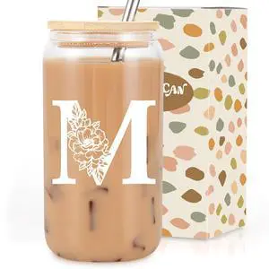 Initial Glass Cup, Monogrammed Gifts for Women, 16oz Glass Cups w/Lids Straws, Iced Coffee Smoothie Beer Tumbler w/Straw Lid, Personalized Mothers Day, Birthday Gifts for Woman Mom Friend Her Initial Glass Cup, Monogrammed Gifts for Women, 16oz Glass Cups w/Lids Straws, Iced Coffee Smoothie Beer Tumbler w/Straw Lid, Personalized Mothers Day, Birthday Gifts for Woman Mom Friend Her