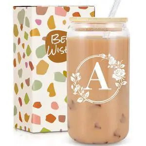 Birthday Gifts for Women, Monogrammed Initial Glass Cup Personalized Gifts for Women, 16oz Glass Cups with Lids and Straws, Iced Coffee Cup, Beer Can Shaped Glass - Gifts for Mothers Day, Christmas, A Birthday Gifts for Women, Monogrammed Initial Glass Cup Personalized Gifts for Women, 16oz Glass Cups with Lids and Straws, Iced Coffee Cup, Beer Can Shaped Glass - Gifts for Mothers Day, Christmas, A