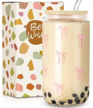 Cute Pink Bow Glass Cup with Lids and Straws, Teen Girl Gifts Trendy Stuff, Coquette Iced Coffee Cup, Gifts Preppy Design Drinking Jar, Birthday Valentines Day Christmas Gift for Daughter Niece Friend Cute Pink Bow Glass Cup with Lids and Straws, Teen Girl Gifts Trendy Stuff, Coquette Iced Coffee Cup, Gifts Preppy Design Drinking Jar, Birthday Valentines Day Christmas Gift for Daughter Niece Friend