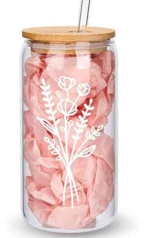 Cute Glass Cups with Lids and Straws, Aesthetic Iced Coffee Cup, Flower Mugs, Personalized Tumbler with Straw, Birthday Gifts for Women Friend Sister Her Coffee Lover Bridesmaid Stuff Christmas Cute Glass Cups with Lids and Straws, Aesthetic Iced Coffee Cup, Flower Mugs, Personalized Tumbler with Straw, Birthday Gifts for Women Friend Sister Her Coffee Lover Bridesmaid Stuff Christmas