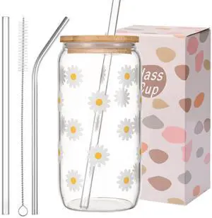 Cute Glass Cups with Lids and Straws, Daisy Flower Iced Coffee Smoothie Matcha Cup Tumbler Birthday Gifts for Women Sister Friend Her Preppy Teenage Girls Teen Girl Gifts Trendy Stuff Things Cute Glass Cups with Lids and Straws, Daisy Flower Iced Coffee Smoothie Matcha Cup Tumbler Birthday Gifts for Women Sister Friend Her Preppy Teenage Girls Teen Girl Gifts Trendy Stuff Things
