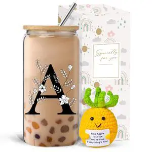 Monogrammed Initial Glass Cup with Lids and Straws, Personalized Gift Set with Doll, 16 Oz Ice Coffee Cup for Women, Birthday Christmas Mothers Day Gift for Her, A Monogrammed Initial Glass Cup with Lids and Straws, Personalized Gift Set with Doll, 16 Oz Ice Coffee Cup for Women, Birthday Christmas Mothers Day Gift for Her, A