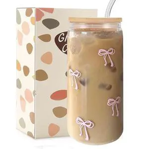 Coquette Aesthetic Glass Cups with Lids and Straws - Pink Bow Iced Coffee Cup Decor, Cute Tumbler Smoothie with Cleaning Brush&Gift Box, Gifts for Girls Women Friends, 16 oz Coquette Aesthetic Glass Cups with Lids and Straws - Pink Bow Iced Coffee Cup Decor, Cute Tumbler Smoothie with Cleaning Brush&Gift Box, Gifts for Girls Women Friends, 16 oz