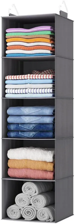 5 Tier Hanging Closet Organizer and Storage for Shelves, Foldable Clothes Shelf with 2 Sturdy Hooks, Sweater/Coat/Shoes Clothing Organization for Wardrobe, Dorm, Bedroom, Gray 5 Tier Hanging Closet Organizer and Storage for Shelves, Foldable Clothes Shelf with 2 Sturdy Hooks, Sweater/Coat/Shoes Clothing Organization for Wardrobe, Dorm, Bedroom, Gray