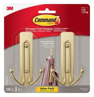 Large Satin Brass Double Hooks, 2 Hooks and 2 Strips, Damage-Free Wall Hook with Adhesive Strips, No Tools Coat Hook for Hanging Home Decor, Holds up to 4 lb Large Satin Brass Double Hooks, 2 Hooks and 2 Strips, Damage-Free Wall Hook with Adhesive Strips, No Tools Coat Hook for Hanging Home Decor, Holds up to 4 lb